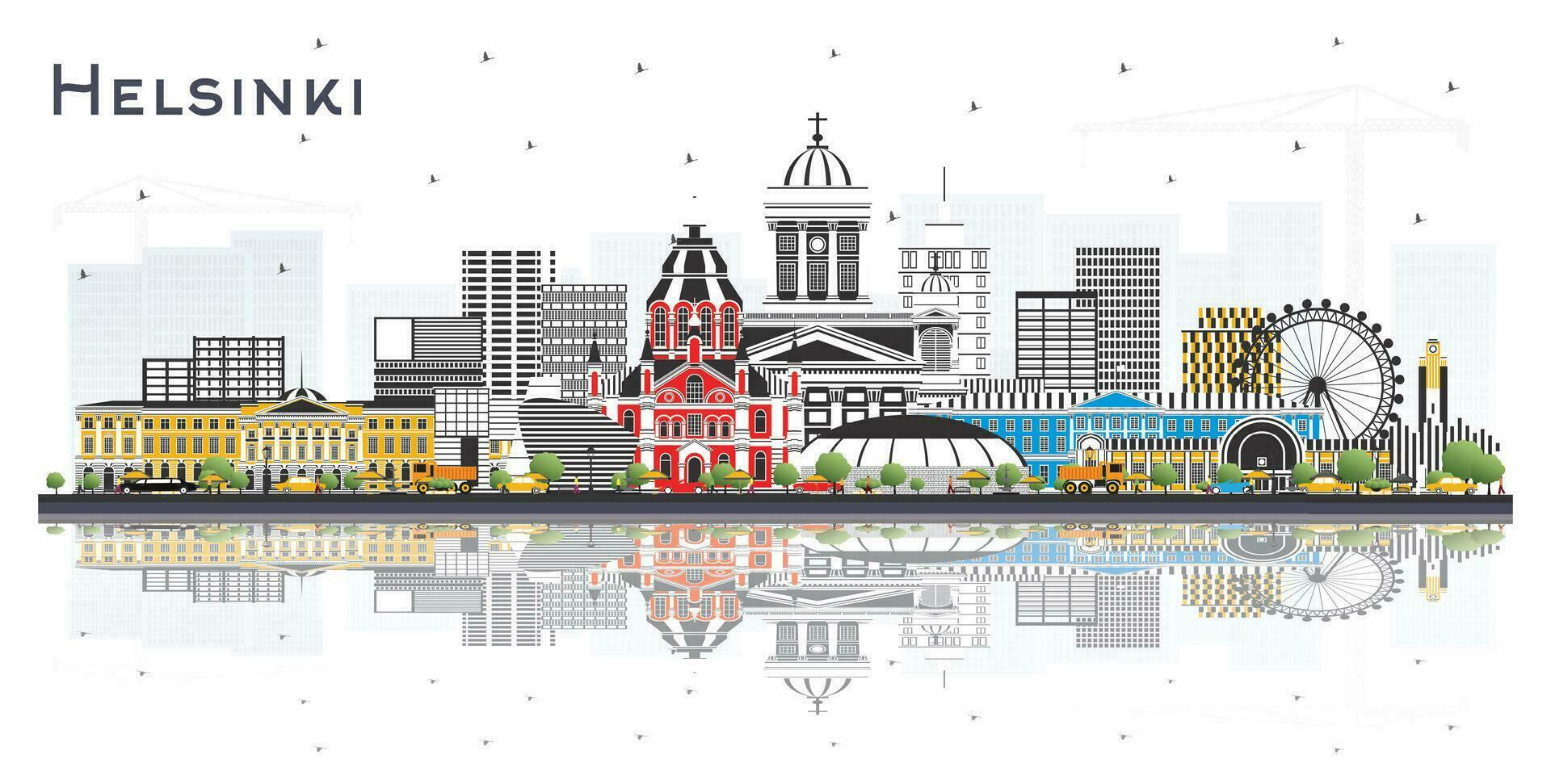 Helsinki Finland city skyline with color buildings and reflections isolated on white. Business travel concept with historic architecture. Helsinki cityscape with landmarks. vector