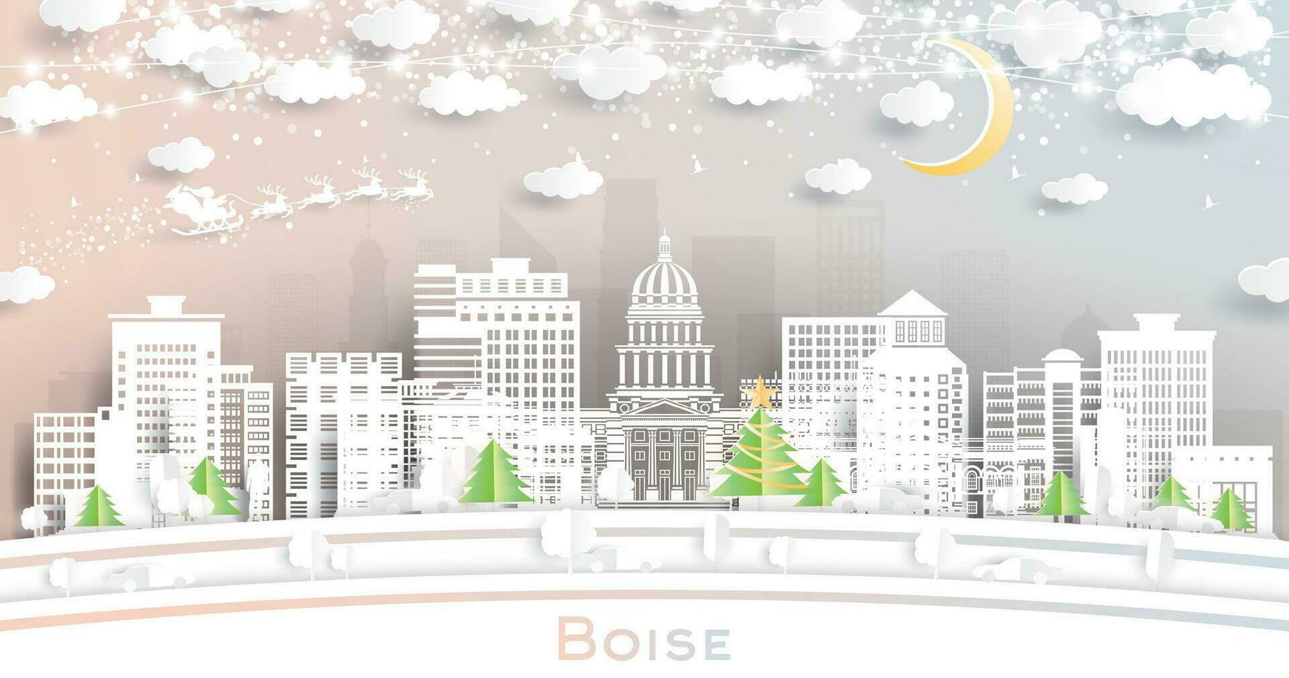 boise Idaho. invierno ciudad horizonte en papel cortar estilo con copos de nieve, Luna y neón guirnalda. Navidad y nuevo año concepto. Papa Noel noel boise Estados Unidos paisaje urbano con puntos de referencia vector