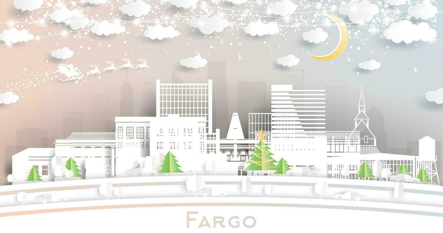 fargo norte Dakota EE.UU. invierno ciudad horizonte en papel cortar estilo con copos de nieve, Luna y neón guirnalda. Navidad, nuevo año concepto. fargo paisaje urbano con puntos de referencia vector