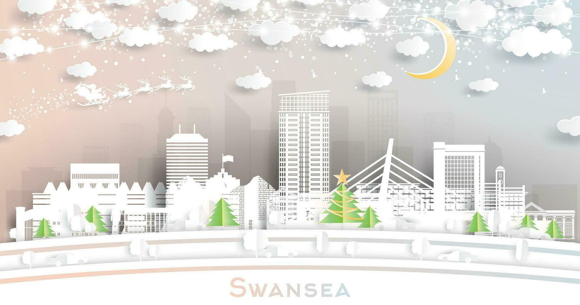 Swansea Gales. invierno ciudad horizonte en papel cortar estilo con copos de nieve, Luna y neón guirnalda. Navidad, nuevo año concepto. Swansea Reino Unido paisaje urbano con puntos de referencia vector