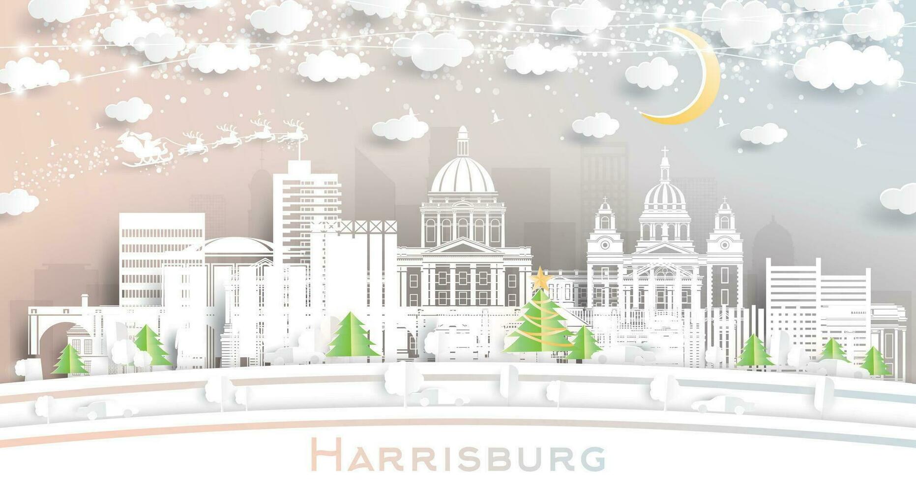Harrisburg Pensilvania EE.UU. invierno ciudad horizonte en papel cortar estilo con copos de nieve, Luna y neón guirnalda. Navidad, nuevo año concepto. Papa Noel noel Harrisburg paisaje urbano con puntos de referencia vector