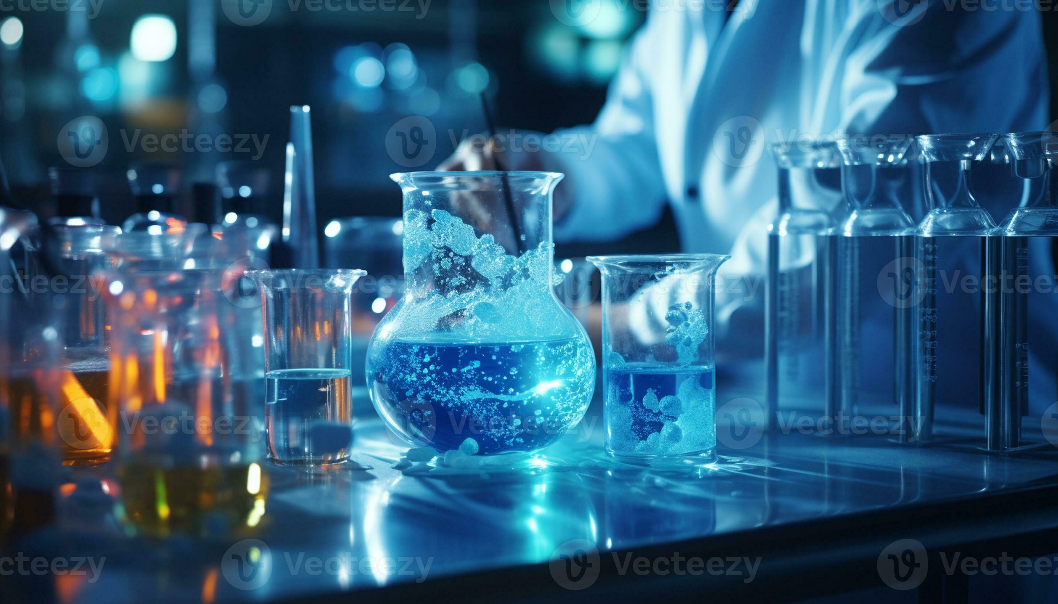 Chemists use beakers, flasks, and test tubes to conduct experiments and analyze chemicals in a