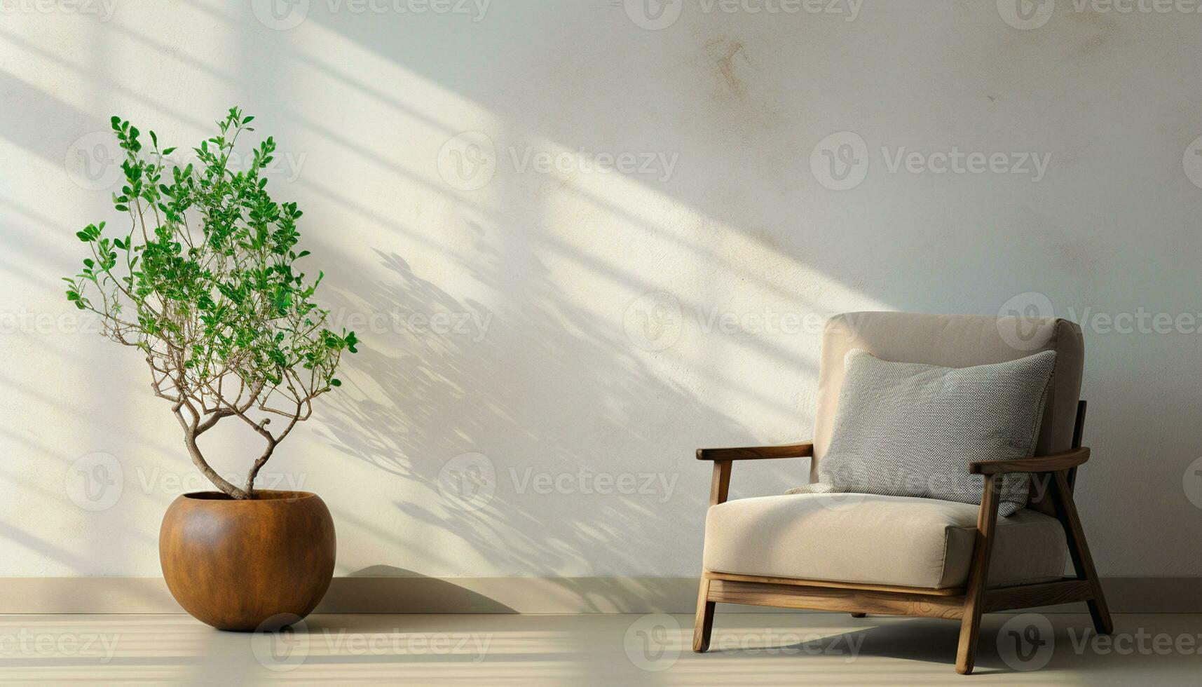 A modern living room design with empty sofa and armchair on the wall, featuring sleek lines, simple silhouettes, and neutral colors, creates a minimalist and inviting space. Generative Ai photo