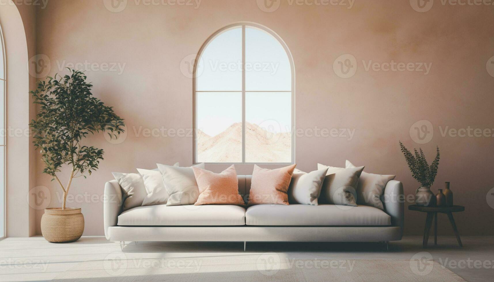 A modern living room design with empty sofa and armchair on the wall, featuring sleek lines, simple silhouettes, and neutral colors, creates a minimalist and inviting space. Generative Ai photo