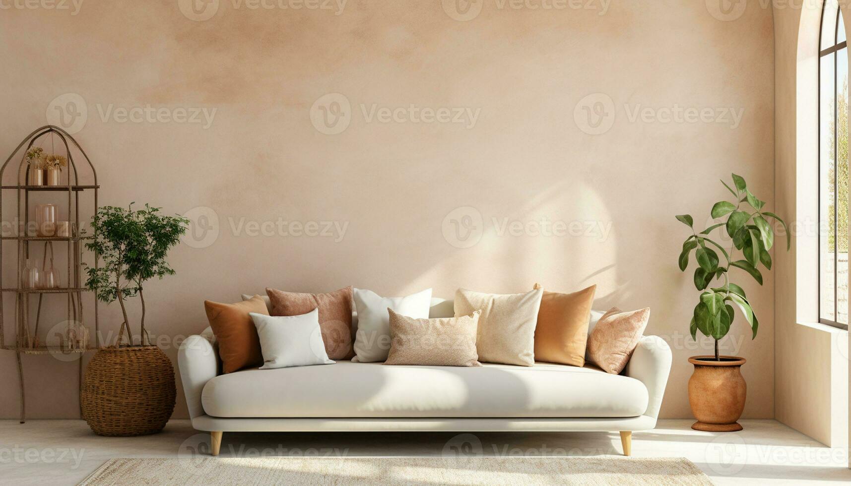 A modern living room design with empty sofa and armchair on the wall, featuring sleek lines, simple silhouettes, and neutral colors, creates a minimalist and inviting space. Generative Ai photo