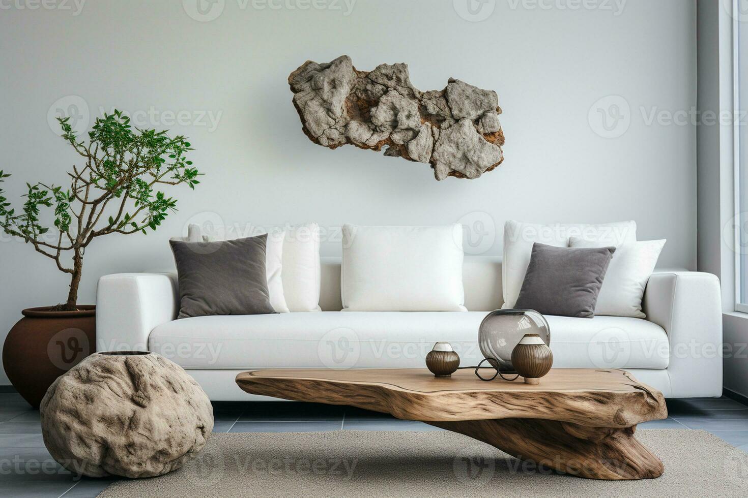 A modern living room design with empty sofa and armchair on the wall, featuring sleek lines, simple silhouettes, and neutral colors, creates a minimalist and inviting space. Generative Ai photo