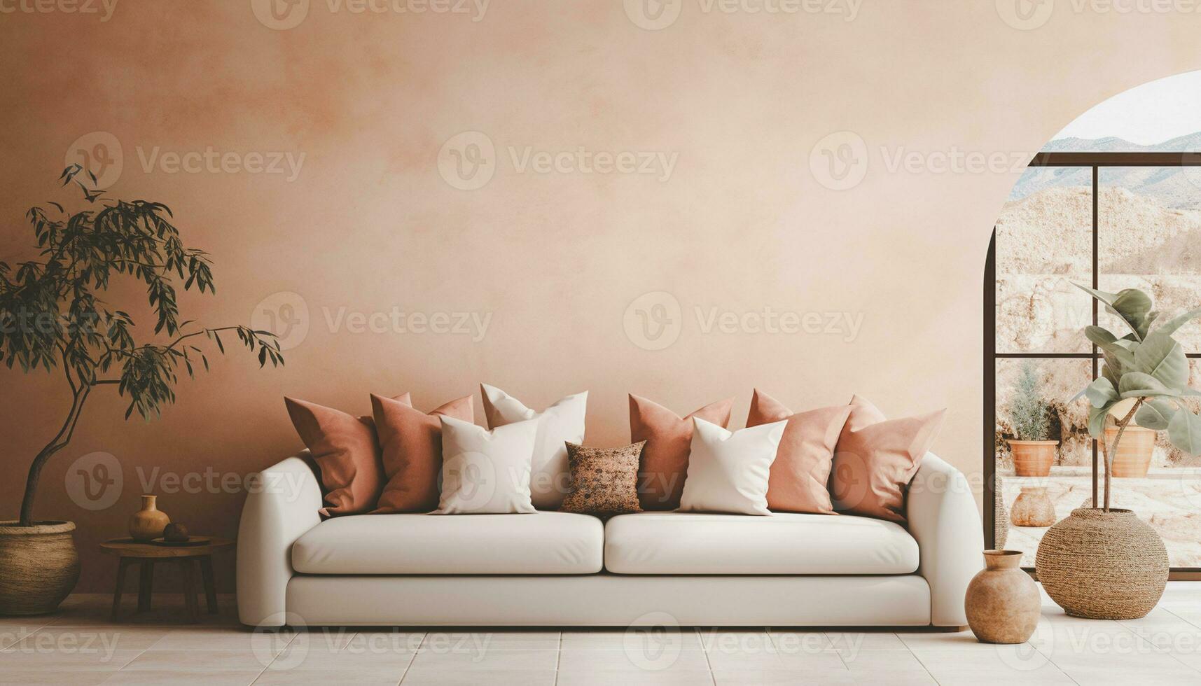 A modern living room design with empty sofa and armchair on the wall, featuring sleek lines, simple silhouettes, and neutral colors, creates a minimalist and inviting space. Generative Ai photo
