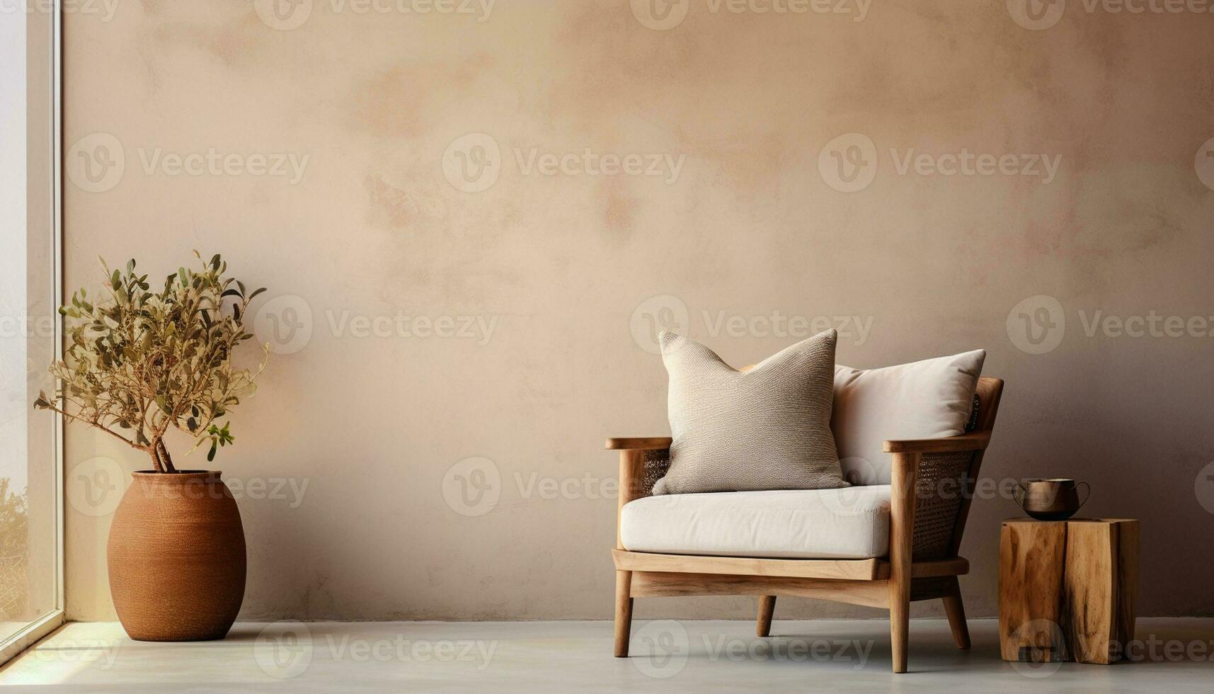 A modern living room design with empty sofa and armchair on the wall, featuring sleek lines, simple silhouettes, and neutral colors, creates a minimalist and inviting space. Generative Ai photo