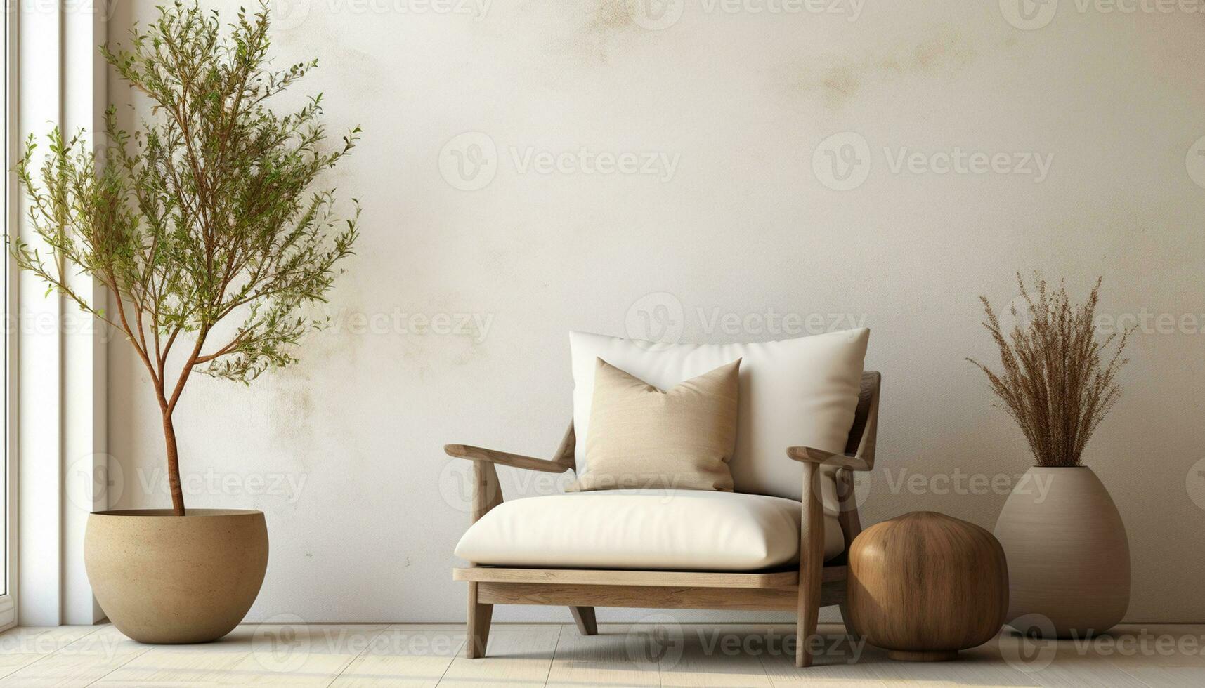 A modern living room design with empty sofa and armchair on the wall, featuring sleek lines, simple silhouettes, and neutral colors, creates a minimalist and inviting space. Generative Ai photo