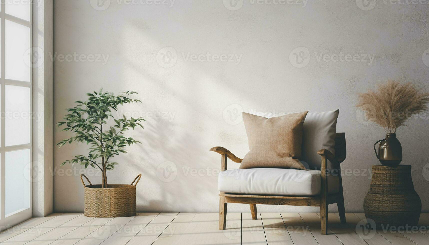 A modern living room design with empty sofa and armchair on the wall, featuring sleek lines, simple silhouettes, and neutral colors, creates a minimalist and inviting space. Generative Ai photo