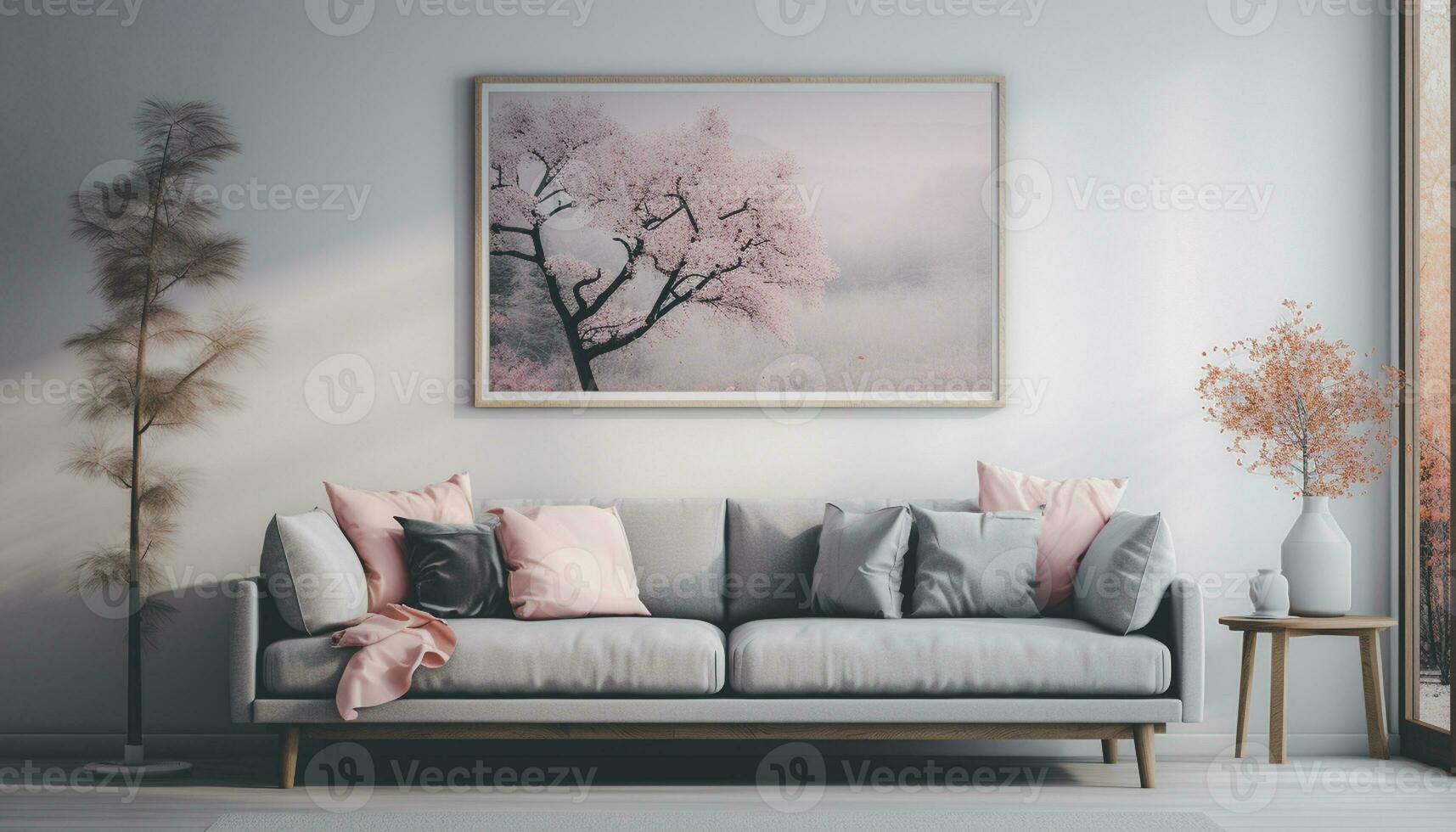 A modern living room design with empty sofa and armchair on the wall, featuring sleek lines, simple silhouettes, and neutral colors, creates a minimalist and inviting space. Generative Ai photo