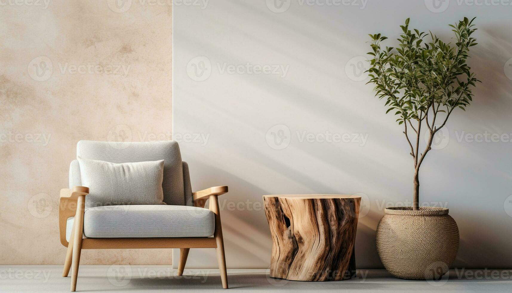 A modern living room design with empty sofa and armchair on the wall, featuring sleek lines, simple silhouettes, and neutral colors, creates a minimalist and inviting space. Generative Ai photo