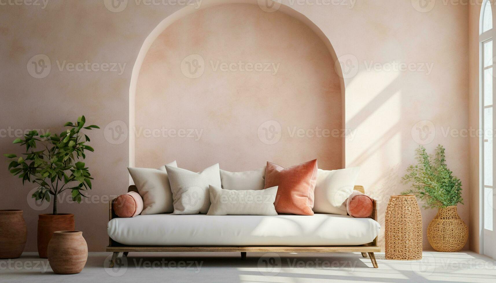 A modern living room design with empty sofa and armchair on the wall, featuring sleek lines, simple silhouettes, and neutral colors, creates a minimalist and inviting space. Generative Ai photo