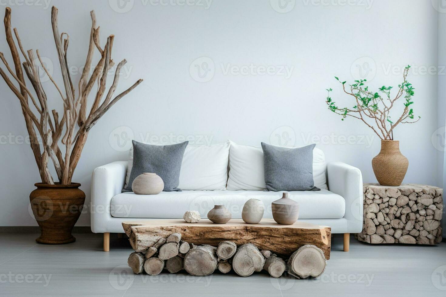 A modern living room design with empty sofa and armchair on the wall, featuring sleek lines, simple silhouettes, and neutral colors, creates a minimalist and inviting space. Generative Ai photo