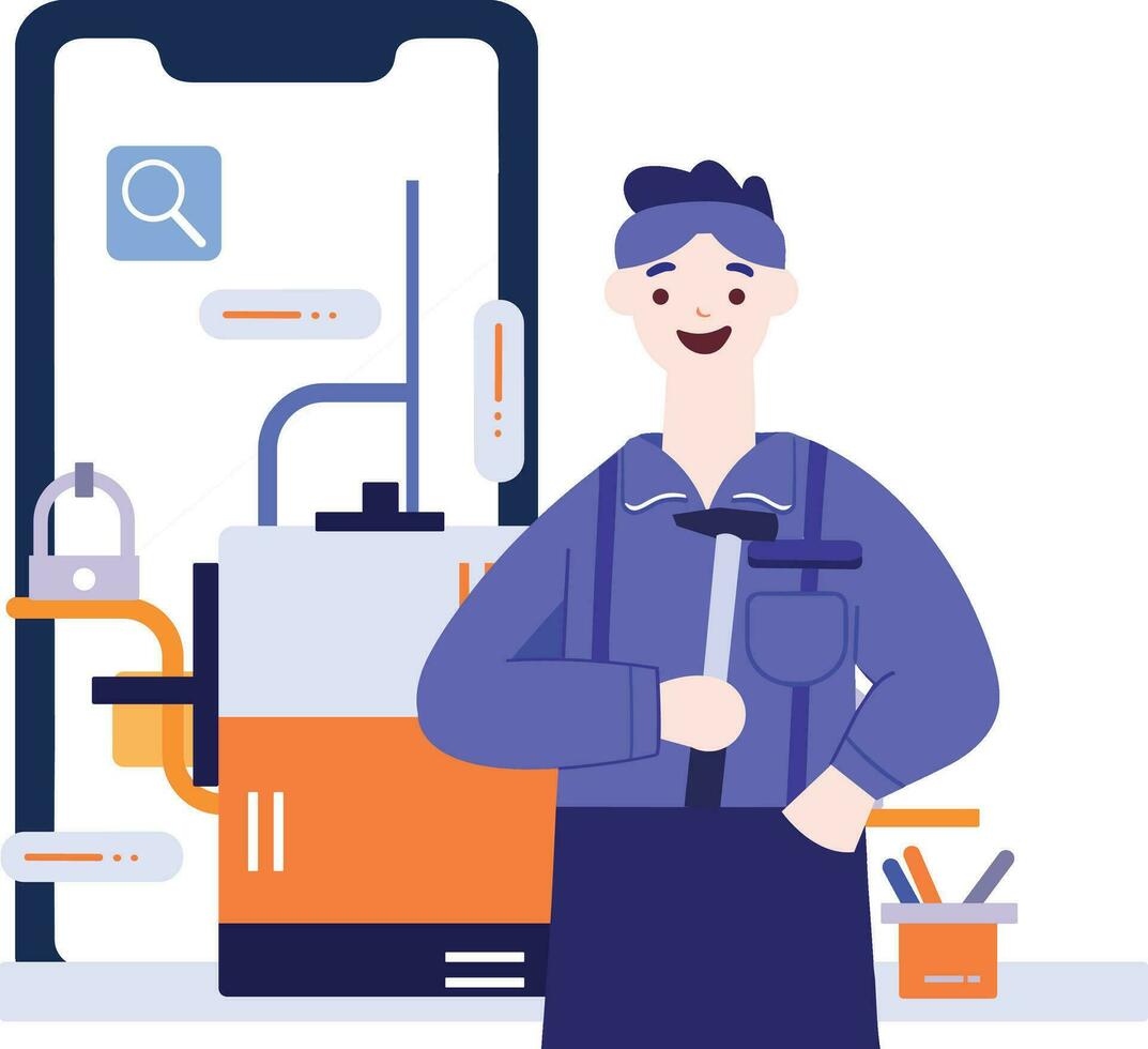 Hand Drawn Engineer or repairman character with smartphone in online repair concept in flat style vector