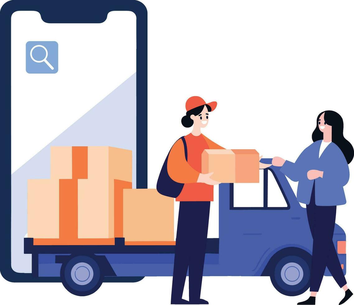 Hand Drawn Delivery man character with truck In the concept of online delivery in flat style vector