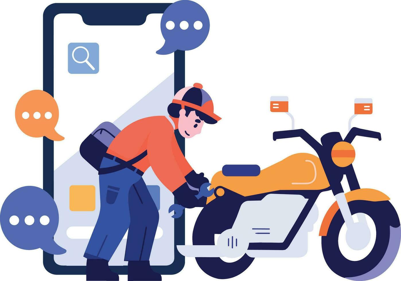 mano dibujado motocicleta mecánico personaje con teléfono inteligente en el concepto de en línea reparar técnico en plano estilo vector