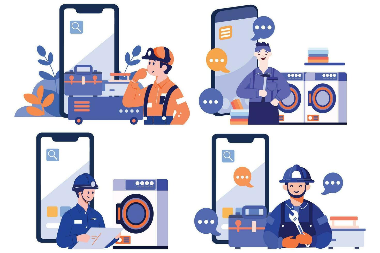 Hand Drawn Engineer or repairman character with smartphone in online repair concept in flat style vector