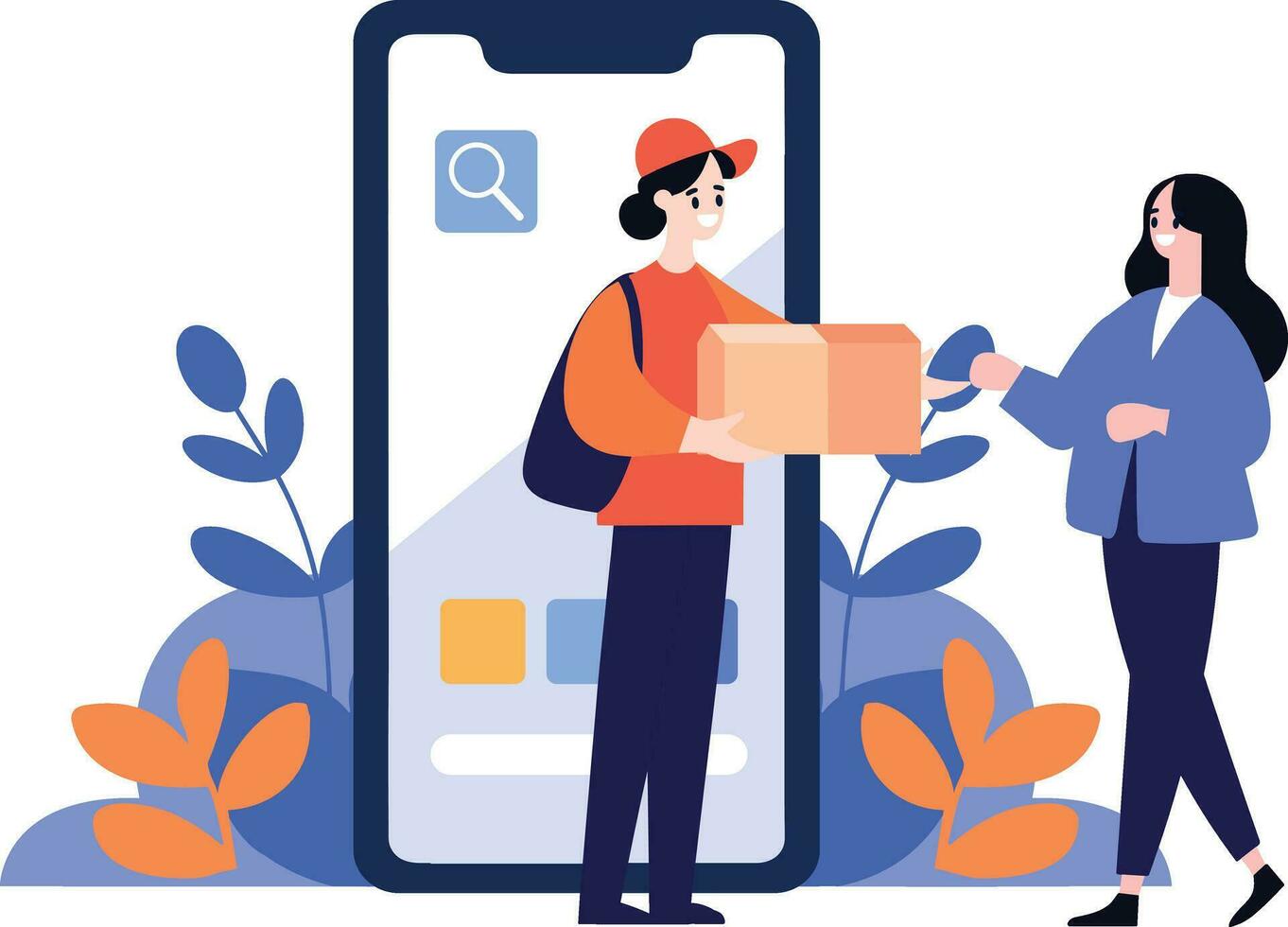 Hand Drawn Characters of delivery worker and customer In the concept of online delivery in flat style vector