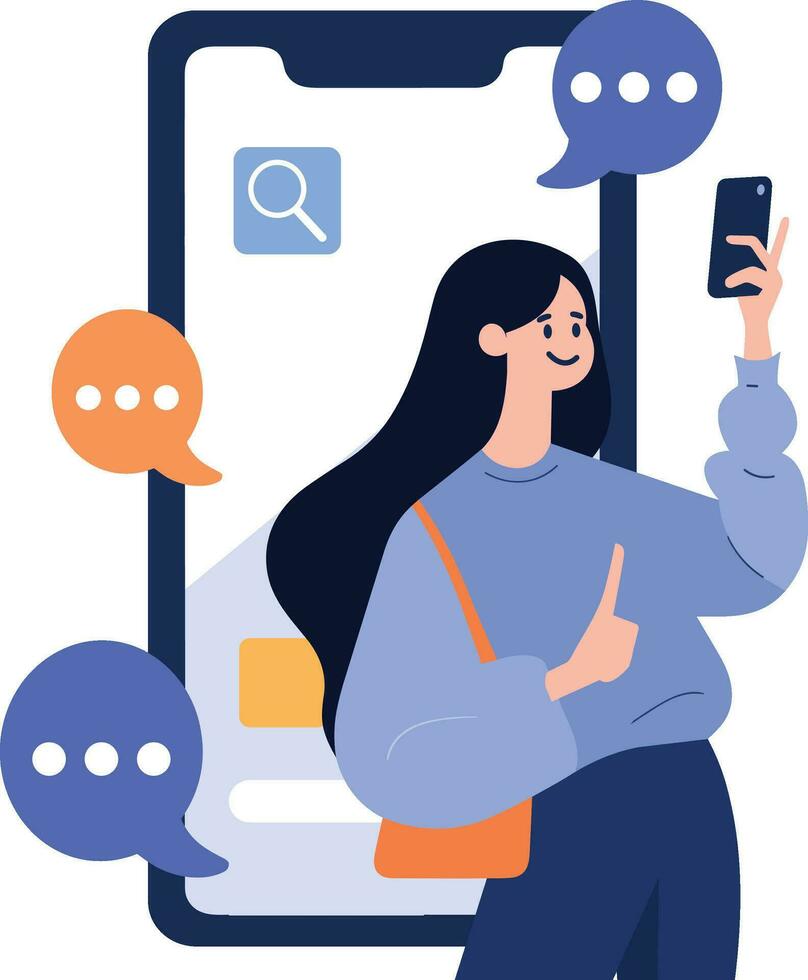 Hand Drawn Female character talking with smartphone in online communication concept in flat style vector