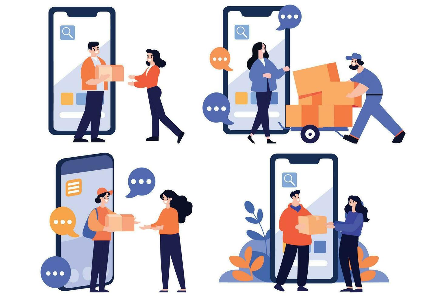 Hand Drawn Characters of delivery worker and customer In the concept of online delivery in flat style vector