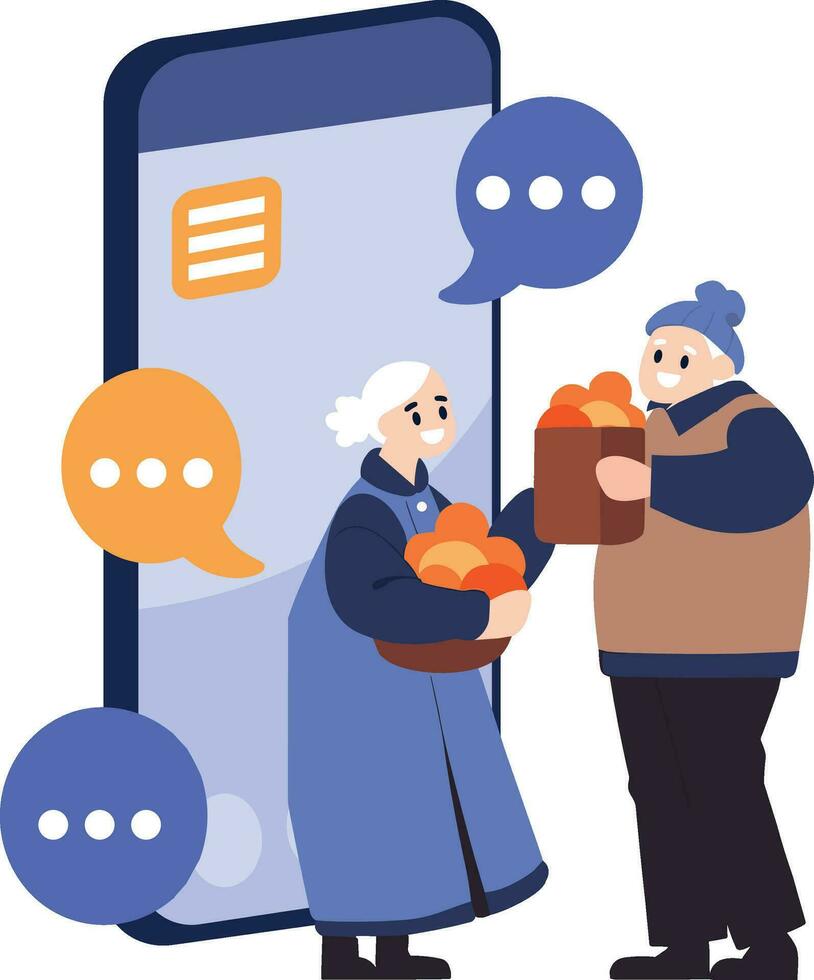 Hand Drawn Elderly characters talk through smartphones in flat style vector