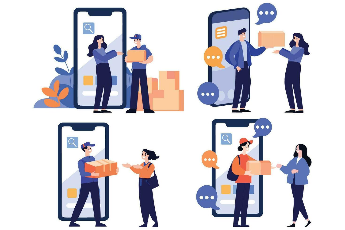 Hand Drawn Characters of delivery worker and customer In the concept of online delivery in flat style vector