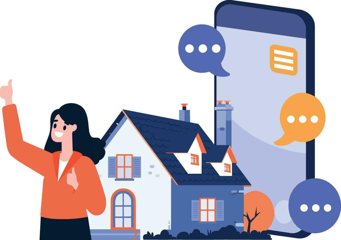 Hand Drawn House broker character with smartphone In Concept Real Estate Online in flat style vector