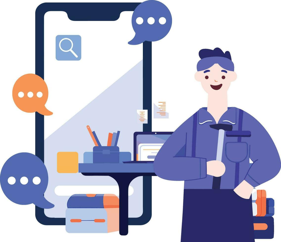Hand Drawn Engineer or repairman character with smartphone in online repair concept in flat style vector