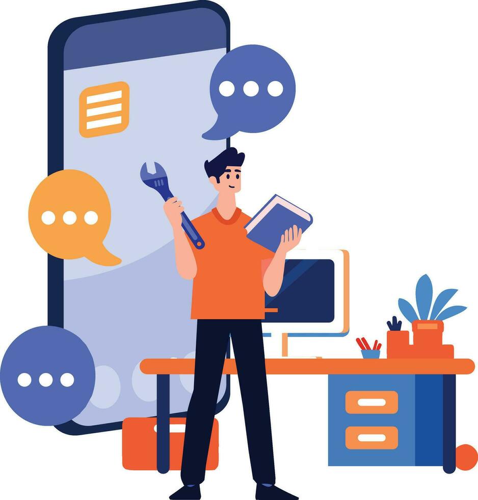Hand Drawn Engineer or repairman character with smartphone in online repair concept in flat style vector