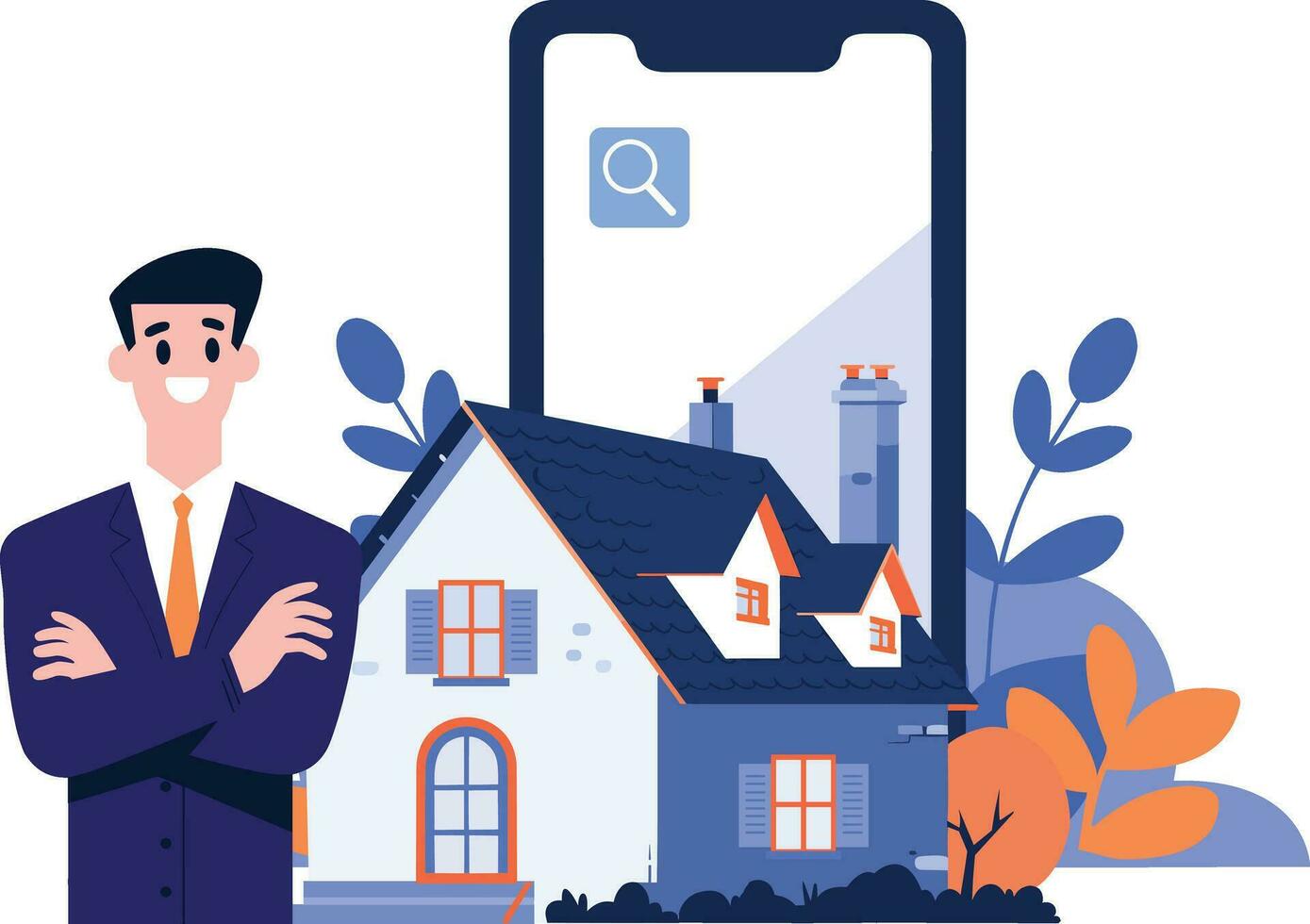 Hand Drawn House broker character with smartphone In Concept Real Estate Online in flat style vector