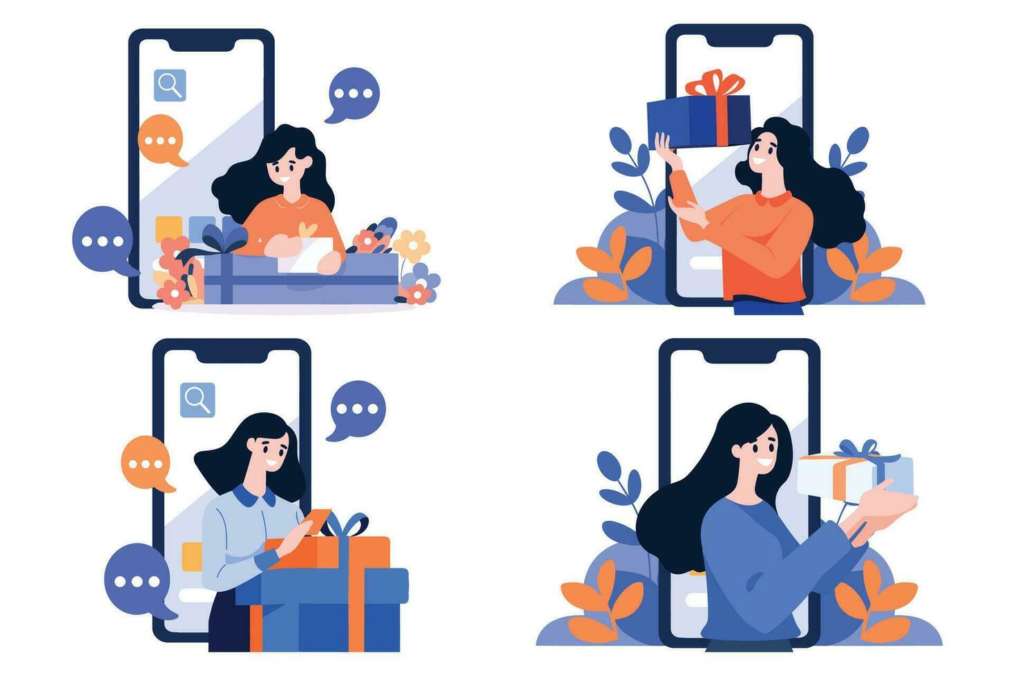 mano dibujado hembra personaje participación un regalo con teléfono inteligente en en línea compras concepto en plano estilo vector