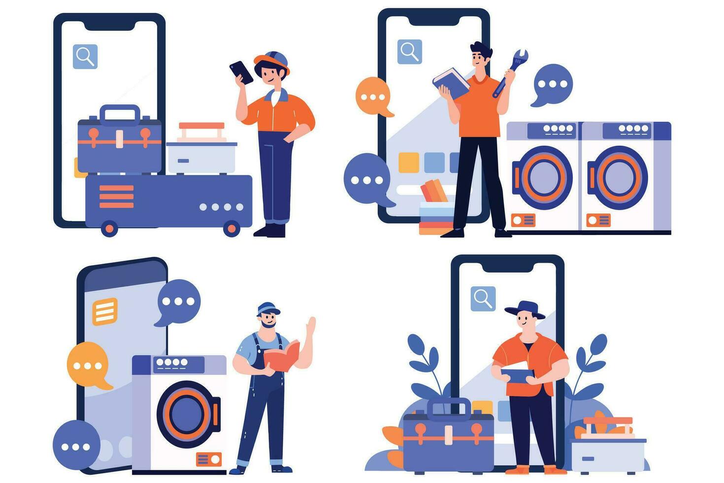 Hand Drawn Engineer or repairman character with smartphone in online repair concept in flat style vector