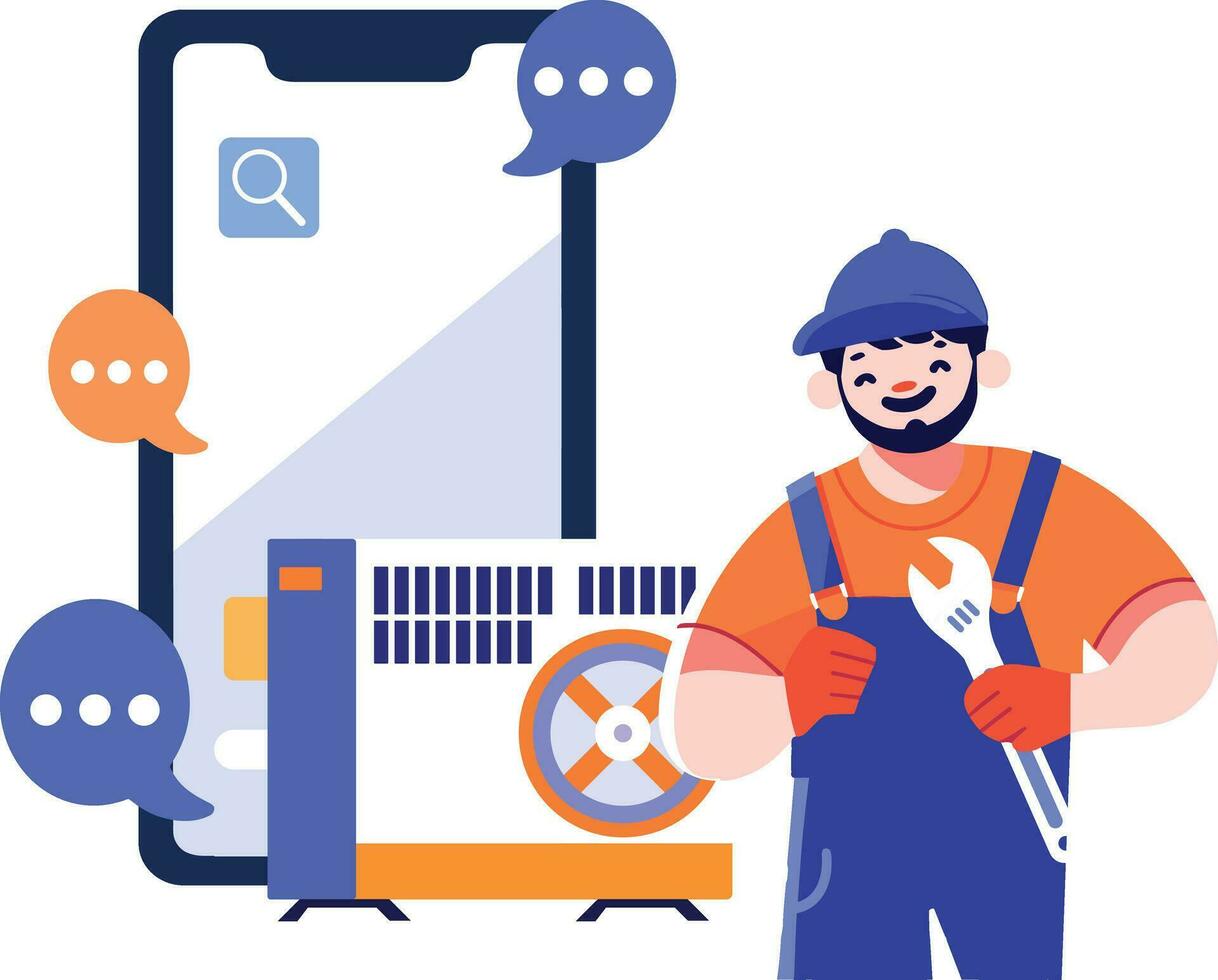 Hand Drawn Engineer or repairman character with smartphone in online repair concept in flat style vector