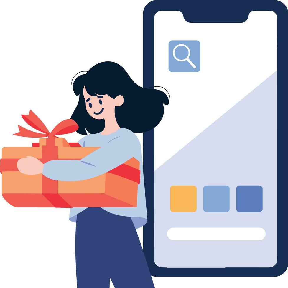 Hand Drawn Female character holding a gift with smartphone in online shopping concept in flat style vector