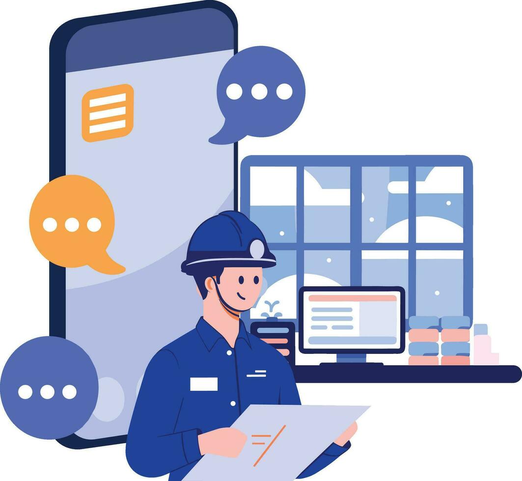Hand Drawn Engineer or repairman character with smartphone in online repair concept in flat style vector