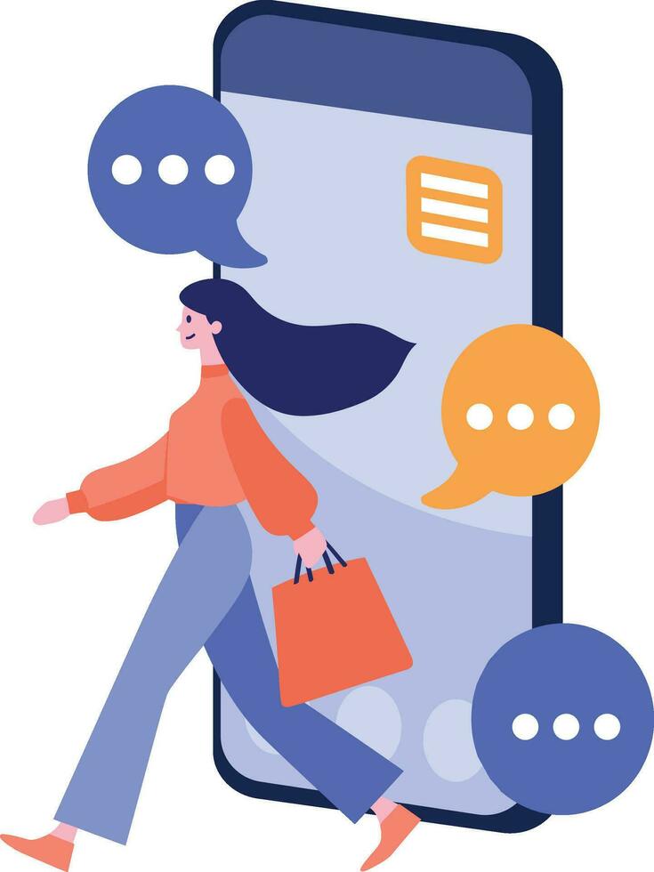 Hand Drawn Female character holding a gift with smartphone in online shopping concept in flat style vector