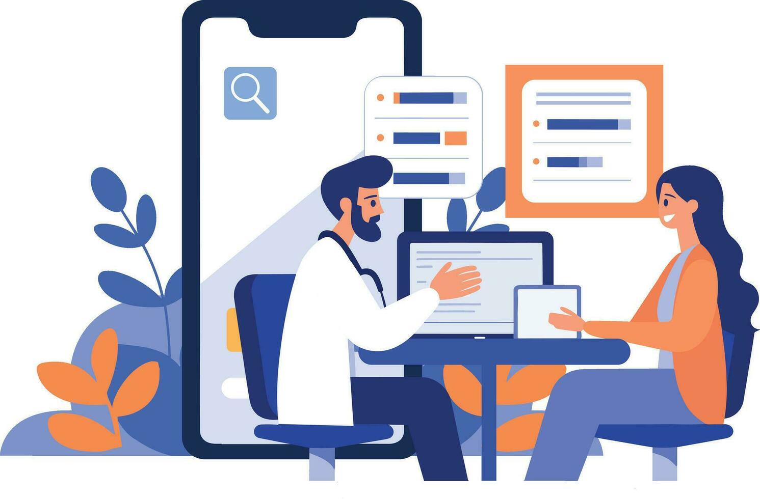 Hand Drawn Doctor and patient characters with smartphone in online medicine concept in flat style vector