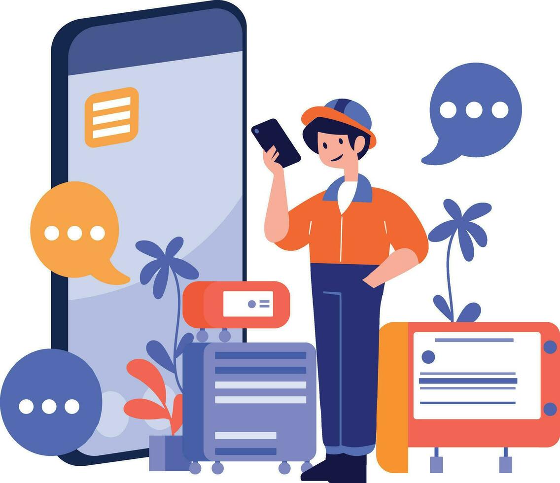Hand Drawn Engineer or repairman character with smartphone in online repair concept in flat style vector