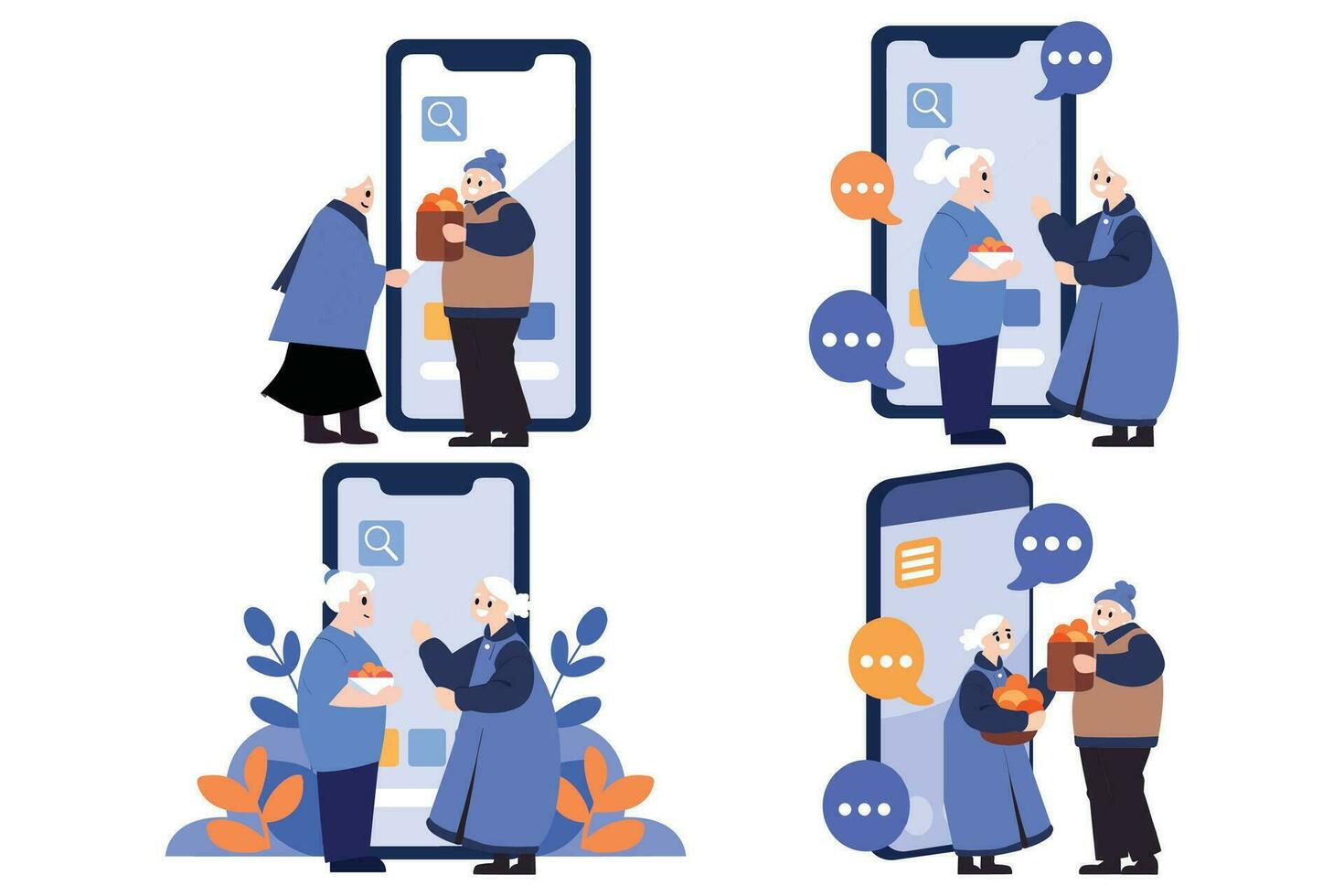 Hand Drawn Elderly characters talk through smartphones in flat style vector