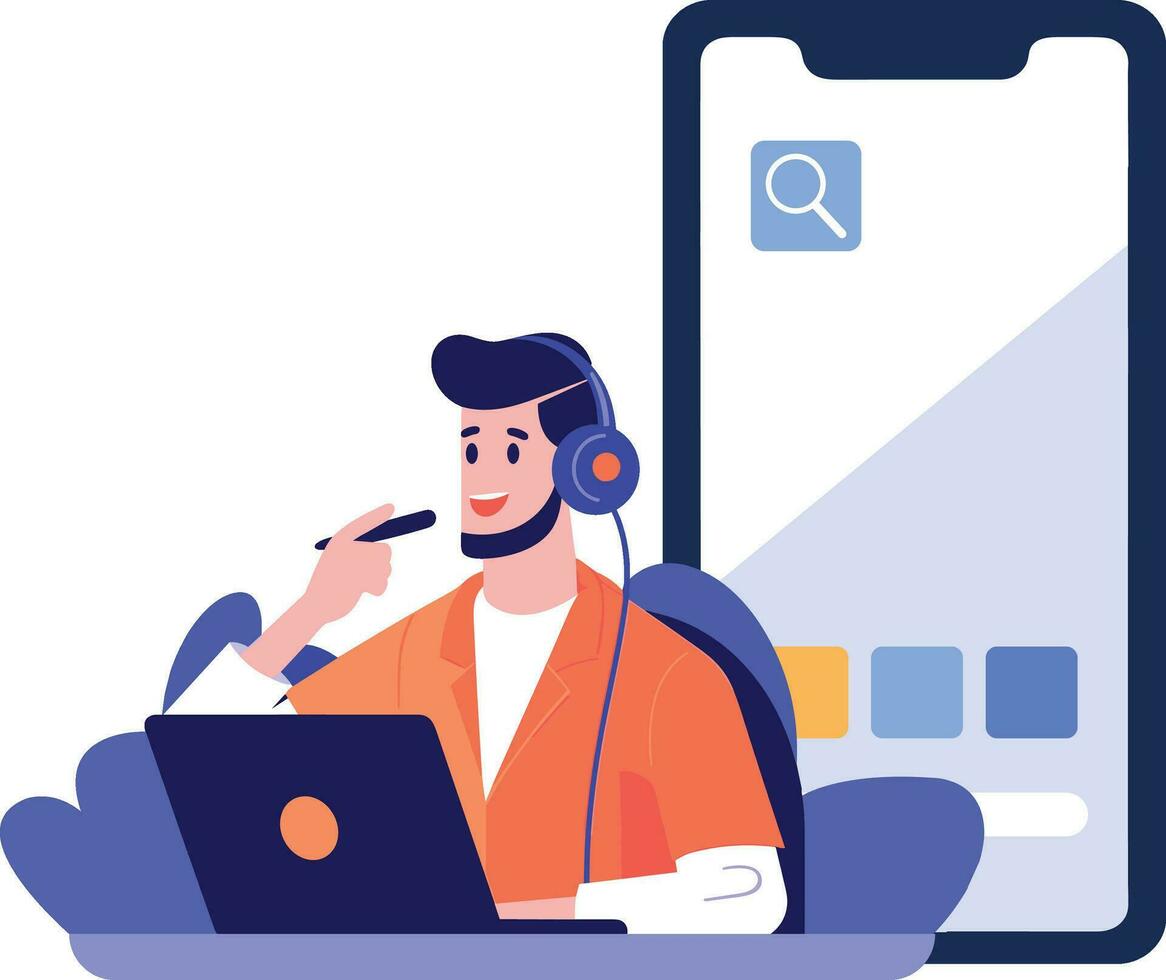 Hand Drawn Call center characters with smartphones in the concept of online support in flat style vector