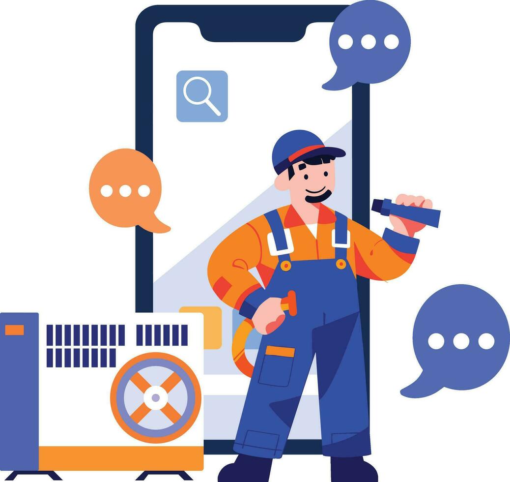 Hand Drawn Engineer or repairman character with smartphone in online repair concept in flat style vector