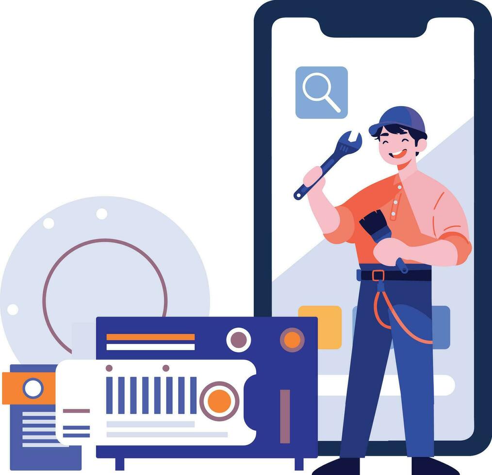 Hand Drawn Engineer or repairman character with smartphone in online repair concept in flat style vector