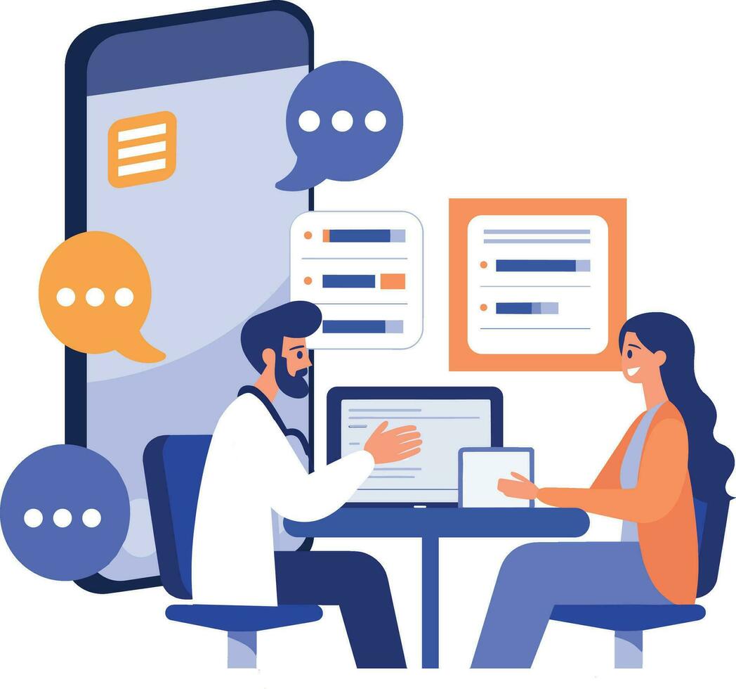 Hand Drawn Doctor and patient characters with smartphone in online medicine concept in flat style vector