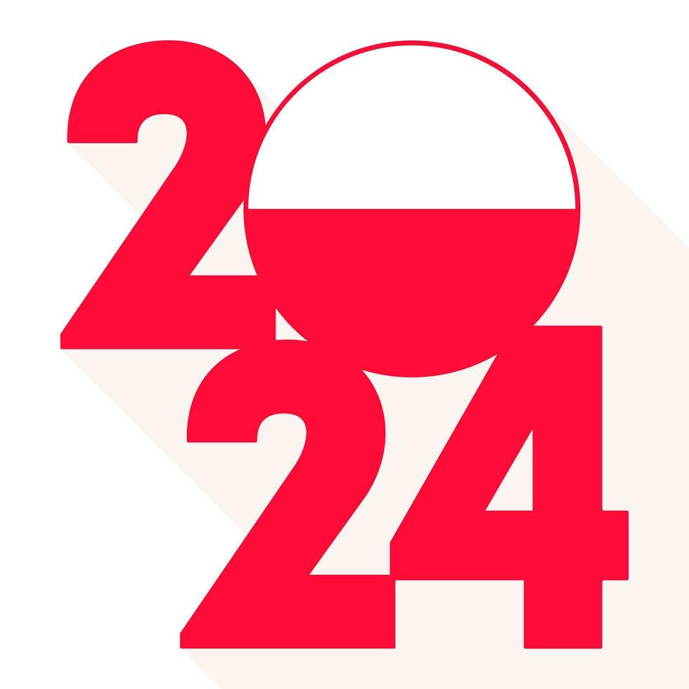 Happy New Year 2024, long shadow banner with Poland flag inside. Vector illustration.