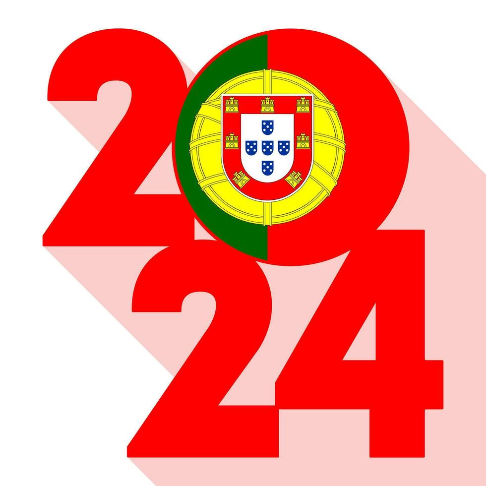 Happy New Year 2024, long shadow banner with Portugal flag inside. Vector illustration.