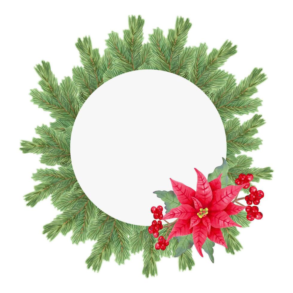 Fir branches wreath with poinsettia and holly berries.Decoration for New Year, Christmas and seasonal holidays.Traditional winter garland.Merry Christmas holiday design.Hand drawn isolated art vector