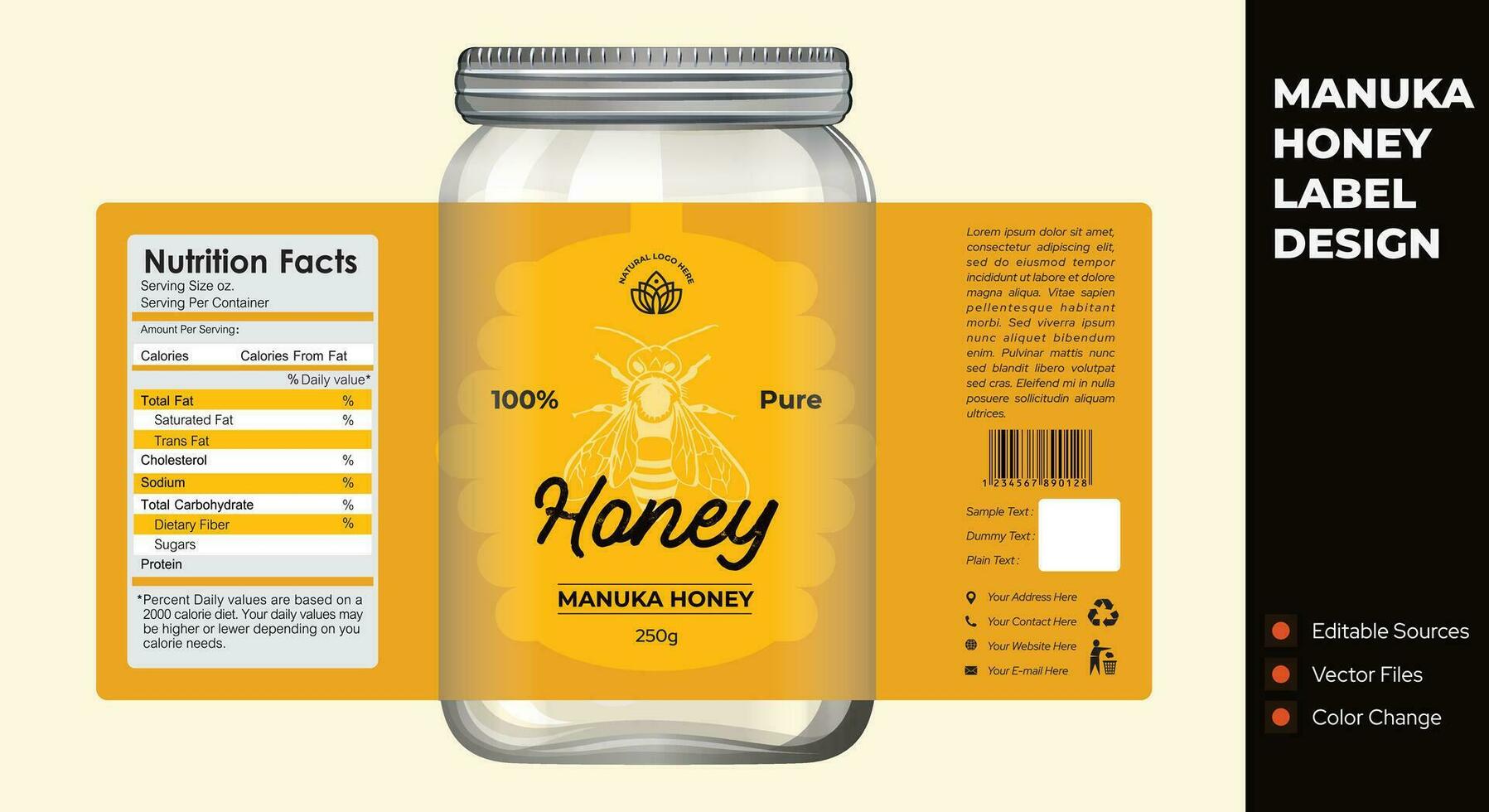 Manuka Honey label design with jar packaging illustration vector