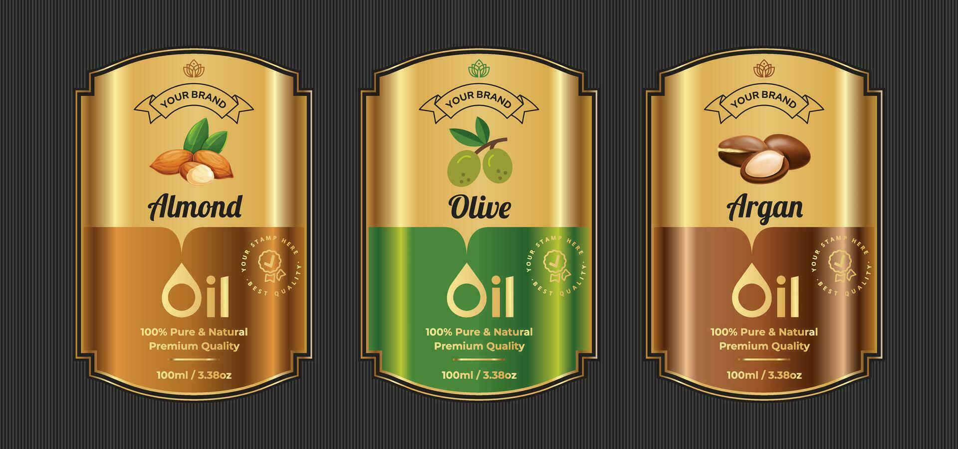 Almond Olive and Argan oil label design vintage gold premium labels vector