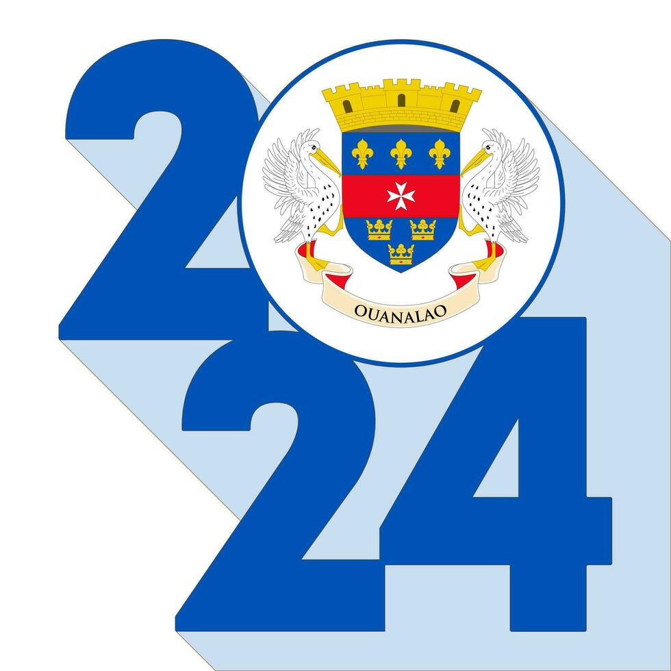 Happy New Year 2024, long shadow banner with Saint Barthelemy flag inside. Vector illustration.